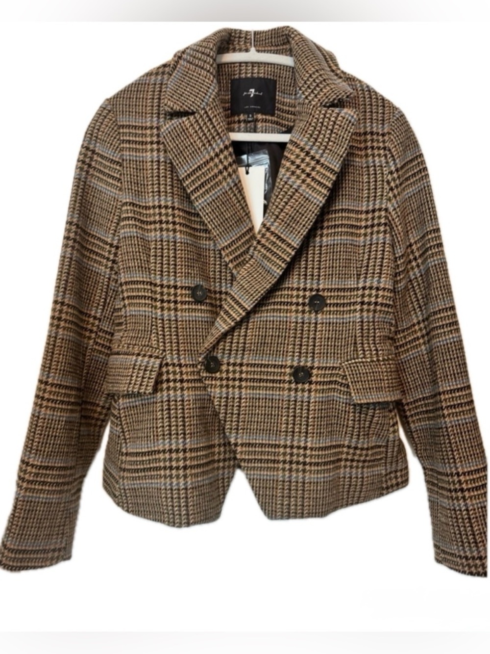 NWT 7 For All Mankind Plaid Double Breasted
Blazer Brown Blue Size Small